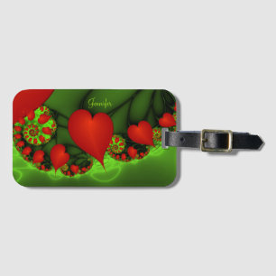 Red Hearts Lime Green Modernes Abstraktes Fraktal Gepäckanhänger