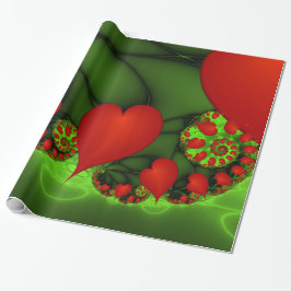 Red Hearts Lime Green Modernes Abstraktes Fraktal  Geschenkpapier