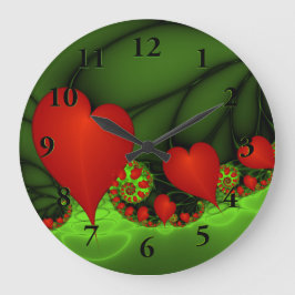 Red Hearts Lime Green Modernes Abstraktes Fraktal  Große Wanduhr