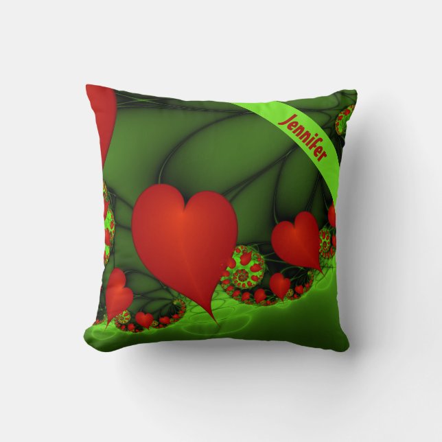 Red Hearts Lime Green Modernes Abstraktes Fraktal  Kissen (Vorderseite)