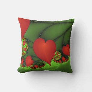 Red Hearts Lime Green Modernes Abstraktes Fraktal  Kissen