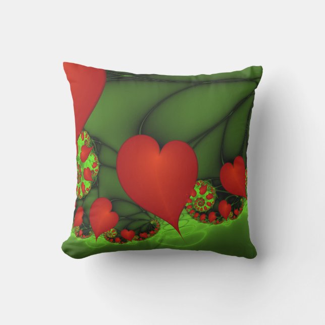 Red Hearts Lime Green Modernes Abstraktes Fraktal  Kissen (Vorderseite)
