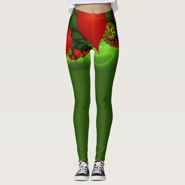 Red Hearts Lime Green Modernes Abstraktes Fraktal  Leggings (Vorderseite)