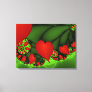 Red Hearts Lime Green Modernes Abstraktes Fraktal  Leinwanddruck