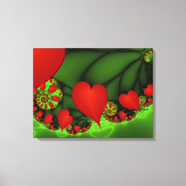 Red Hearts Lime Green Modernes Abstraktes Fraktal  Leinwanddruck (Vorderseite)