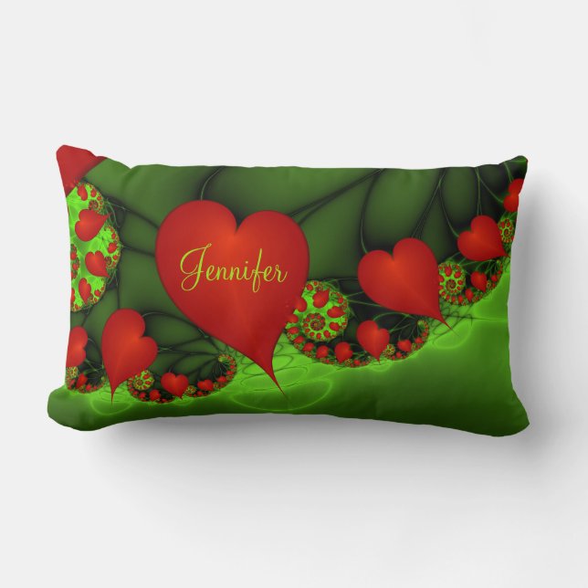 Red Hearts Lime Green Modernes Abstraktes Fraktal  Lendenkissen (Vorderseite)