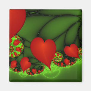Red Hearts Lime Green Modernes Abstraktes Fraktal Magnet