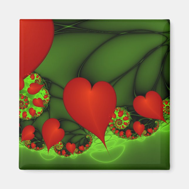 Red Hearts Lime Green Modernes Abstraktes Fraktal  Magnet (Vorne)