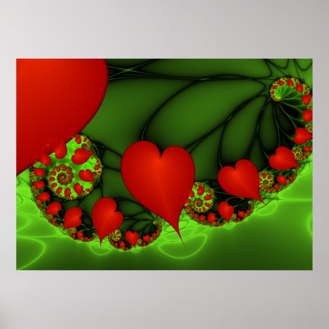 Red Hearts Lime Green Modernes Abstraktes Fraktal  Poster (Vorne)