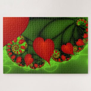 Red Hearts Lime Green Modernes Abstraktes Fraktal  Puzzle