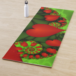Red Hearts Lime Green Modernes Abstraktes Fraktal Yogamatte