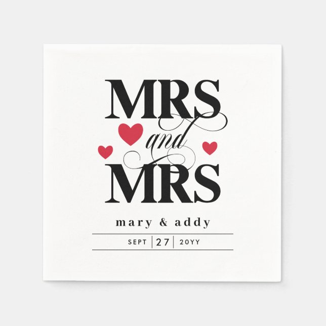Red Hearts Mrs. & Mrs. Lesbian Wedding Serviette (Vorderseite)