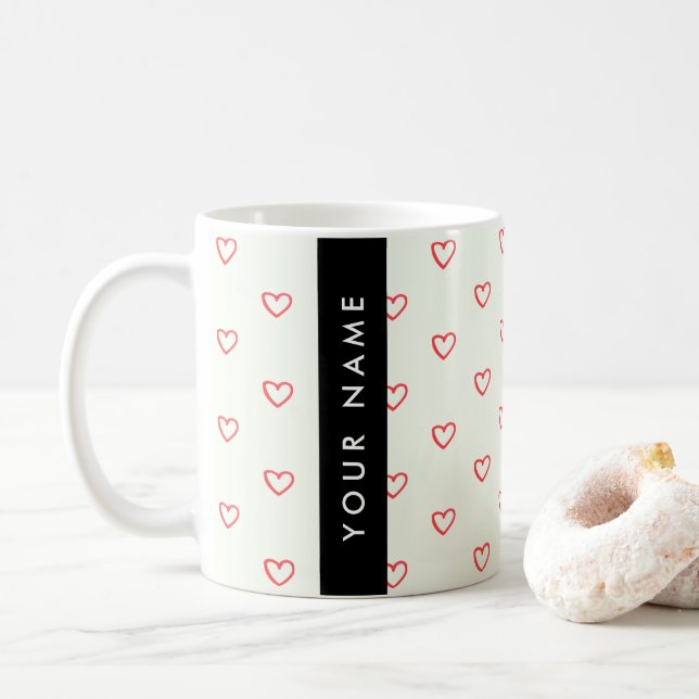 Red Hearts Muster, Liebe, Ihr Name, Personalisiere Kaffeetasse (Mit Donut)