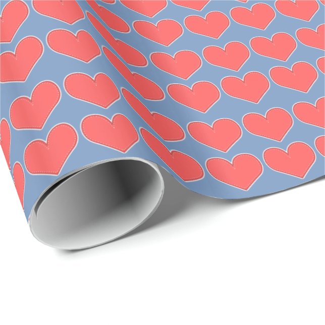 Red Hearts on Blue Pattern Geschenkpapier (Rolleneckpunkt)