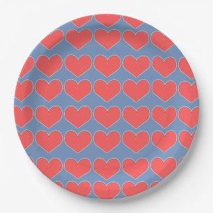 Red Hearts on Blue Pattern Pappteller