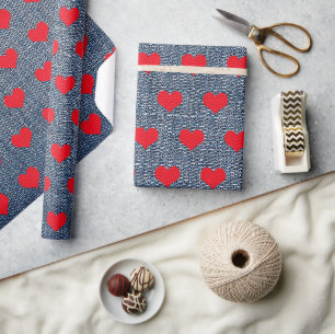 Red Hearts on Denim Wrapping Paper Geschenkpapier