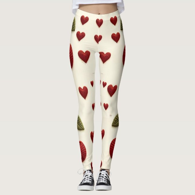Red Hearts Pattern White Leggings - Romantic Valen (Vorderseite)
