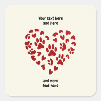 Red Hearts & Paws, Pets, Dogs, Cats, Customizable Quadratischer Aufkleber