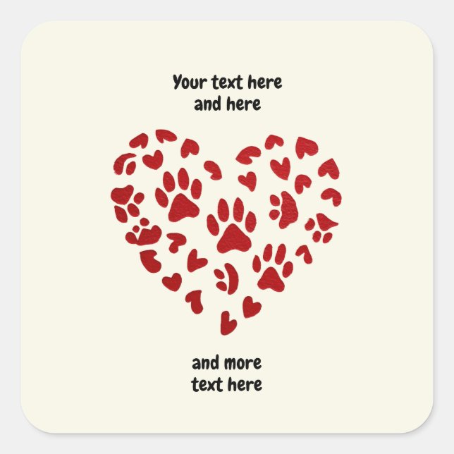 Red Hearts & Paws, Pets, Dogs, Cats, Customizable Quadratischer Aufkleber (Vorderseite)