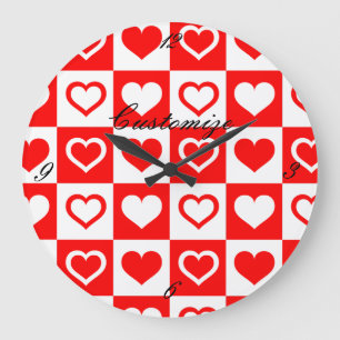 Red Hearts Plaid Pattern Thunder_Cove Große Wanduhr