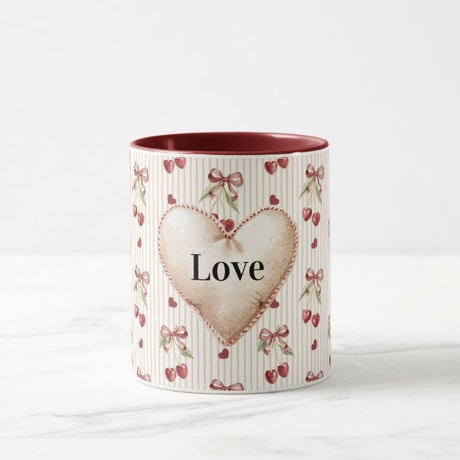 Red Hearts Stripes Cherries Bows Valentine's Day Tasse (Zentrum)