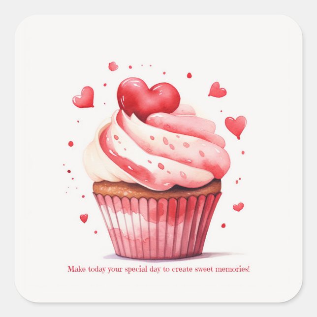 Red Hearts Sweet Cupcake Valentine Day Card Quadratischer Aufkleber (Vorderseite)
