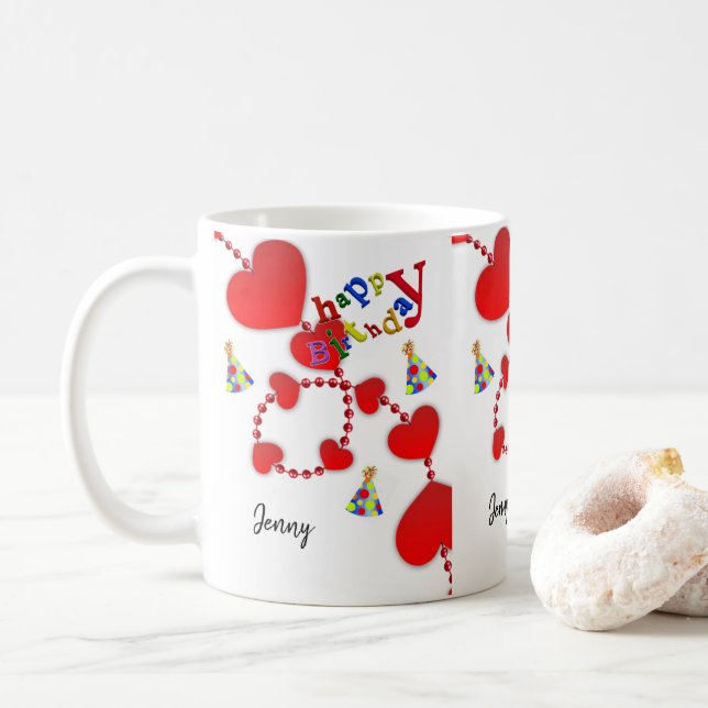 Red Hearts Tasse Happy Birthday Tasse (Mit Donut)
