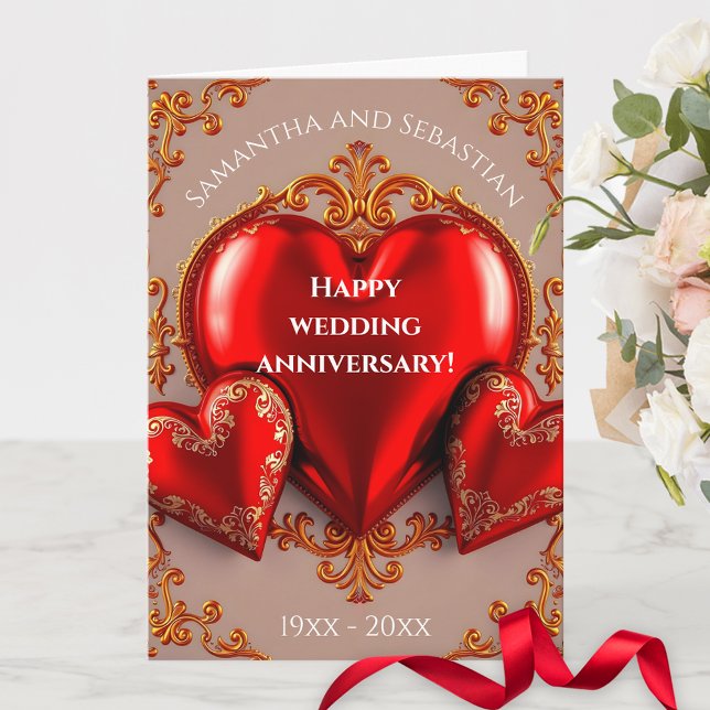 Red Hearts und Gold Schnörkel Hochzeitstag Karte (Von Creator hochgeladen)