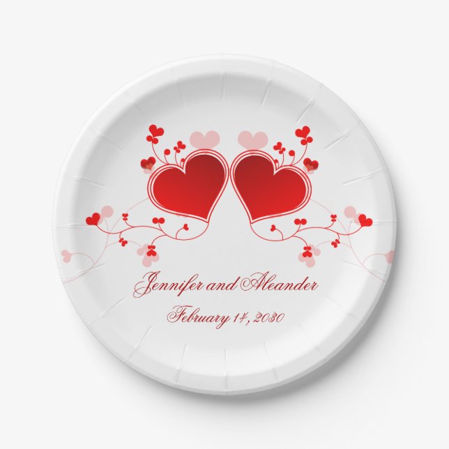 Red Hearts Valentine's Day Hochzeitspapier Teller (Vorderseite)