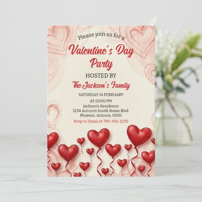 Red Hearts Valentine's Day Party Einladung (Stehend Vorderseite)