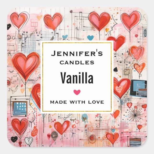 Red Hearts Whimsical Liebe Muster Kerzengeschäft Quadratischer Aufkleber (Vorderseite)