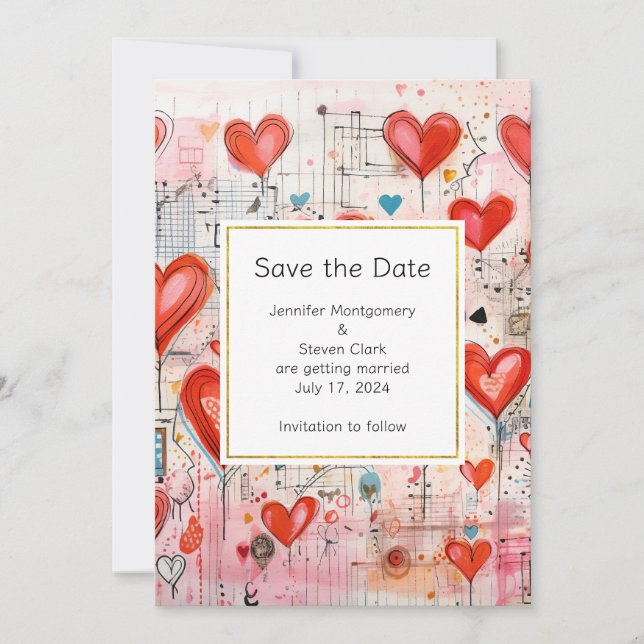 Red Hearts Whimsical Liebe Pattern Hochzeit Save The Date (Vorderseite)