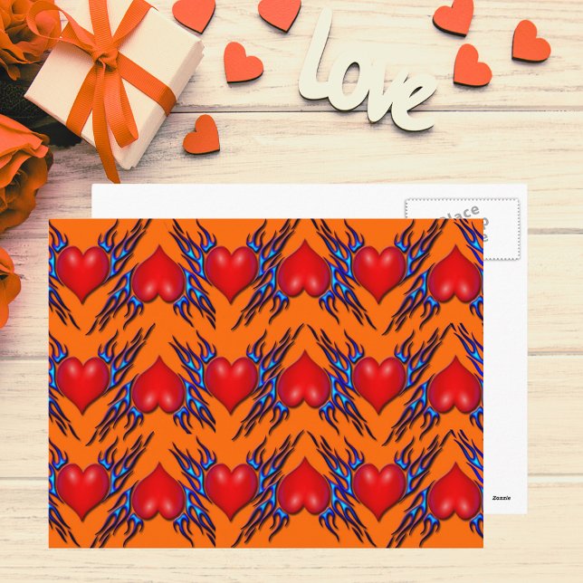 Red Hearts with Blue Flame in Pattern Postcard Postkarte (Red Hearts with Blue Flame in Pattern Postcard)