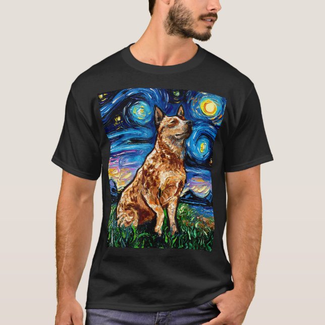 Red Heeler Starry Night Cattle Hund Farbenfrohe Ku T-Shirt (Vorderseite)