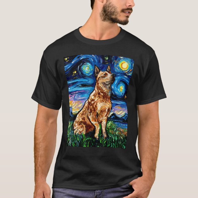 Red Heeler Starry Night Cattle Hund Farbenfrohe Ku T-Shirt (Vorderseite)