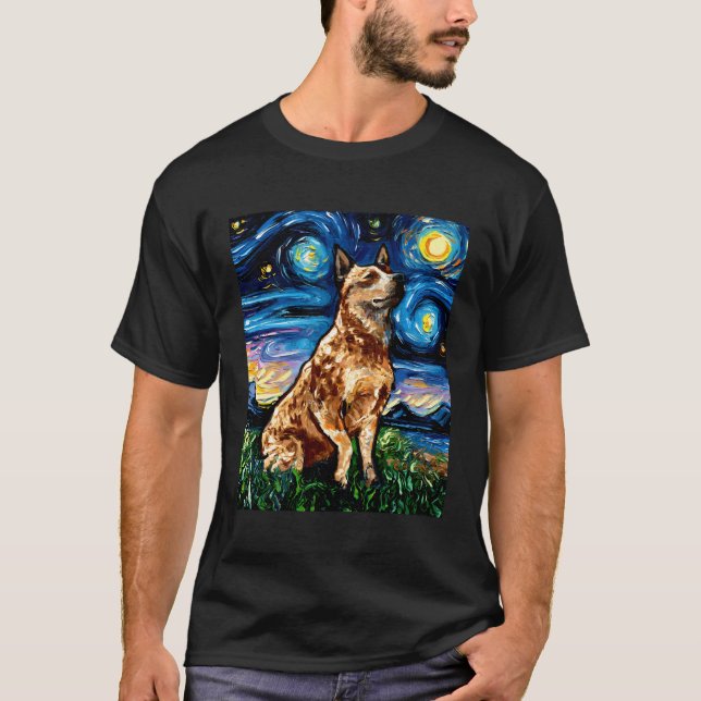 Red Heeler Starry Night Cattle Hunde farbenfrohe K T-Shirt (Vorderseite)