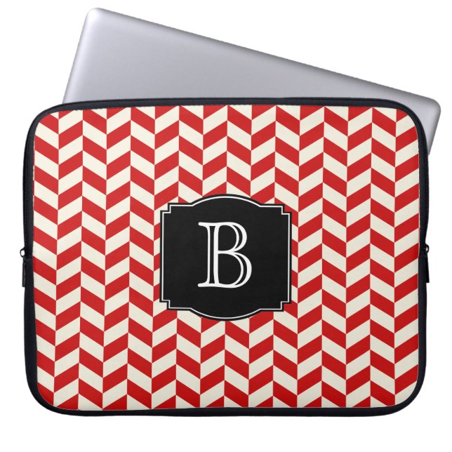 Red Herringbone Chevrons Muster mit Monogramm Laptopschutzhülle (Vorderseite)