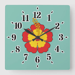 Red Hibiscus Tropical Flower Quadratische Wanduhr
