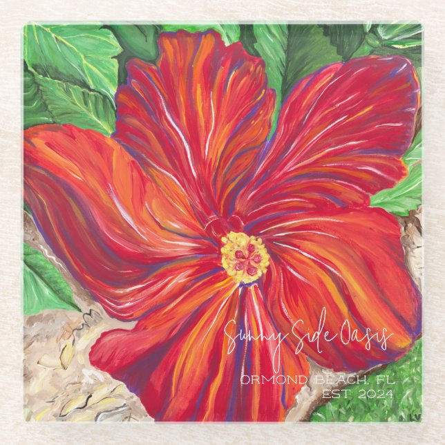 Red Hibisken Vacation Zuhause Glasuntersetzer (Vorderseite)