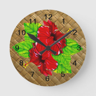 Red Hibiskus Lauhala Wall Clock Runde Wanduhr
