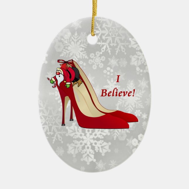 Red High Heel Schuhe / Santa Elf / Ich glaube! Keramik Ornament (Vorne)
