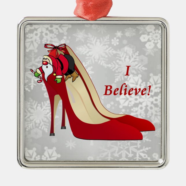 Red High Heel Schuhe / Santa Elf / Ich glaube! Silbernes Ornament (Vorne)