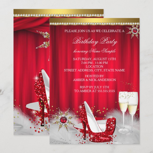 Red High Heel Snowflake Gold Champagner Einladung (Vorne/Hinten)