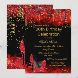 Red High Heels Gold Black Glitzer Geburtstagsparty Einladung