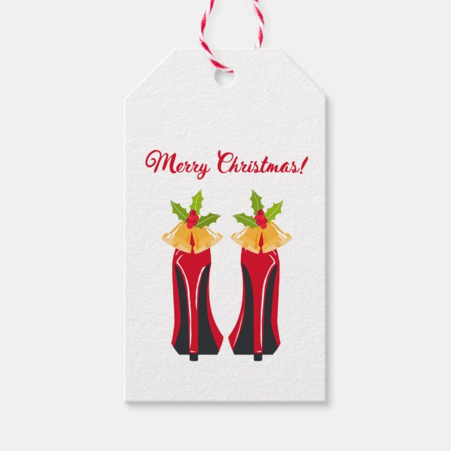 Red High Heels mit Weihnachtsglocken Geschenkanhänger (Vorderseite)