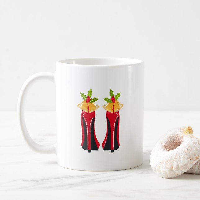 Red High Heels mit Weihnachtsglocken Kaffeetasse (Mit Donut)