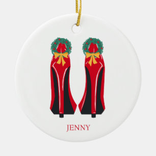 Red High Heels mit Weihnachtskränzen Keramik Ornament