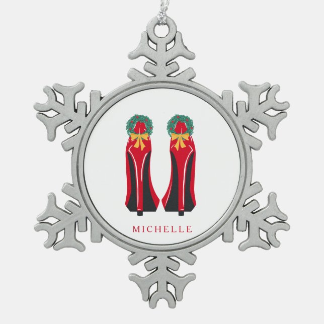 Red High Heels mit Weihnachtskränzen Schneeflocken Zinn-Ornament (Vorderseite)