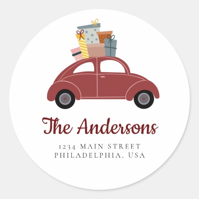 Red Holiday Car mit Stapel von Geschenken Adresse Runder Aufkleber (Vorderseite)