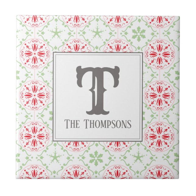 Red Holiday Christmas Monogram Modern Fliese (Vorderseite)